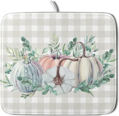 Miniatura 78 de Tapete de Secado de Platos de Florero de Girasoles Otoñales para Encimera de Cocina, Tapete de Secado de Hojas de Arce y Calabaza Otoñal de 16 x 18