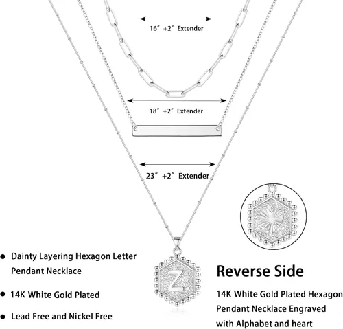 Miniatura 2 de Turandoss Collares de plata con iniciales en capas para mujer, chapado en oro blanco de 14 quilates, collar de cadena de clip con dije de letra