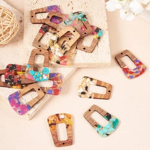 Miniatura 5 de Beadthoven - Dijes de madera de resina para bricolaje, colgantes de aretes de lágrima multicolor, triángulo, círculo redondo, rombo, barra