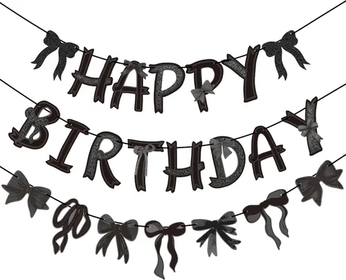 Decoraciones de Cumpleaños con Lazo Negro Pre-encordado, Decoraciones de Fiesta Coqueta Negra, Suministros de Fiesta con Lazo Incluyen Pancarta de