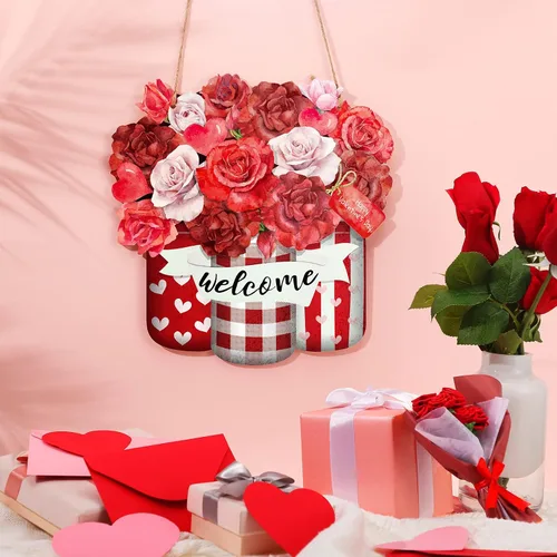 Miniatura 5 de Karenhi Corona de puerta del día de San Valentín para puerta delantera, letrero de madera, decoración del día de San Valentín, decoración