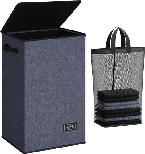 Miniatura 39 de SOLEDI - Canasta de lavandería con tapa de 100L, canasta de ropa plegable grande y alta, cesta de lavandería con bolsa removible fácil