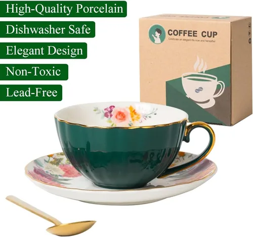 Miniatura 3 de JOYOFUN Taza y Platillo de Té Verde, Taza de Café de Porcelana con Diseño Floral Forrado de Cerámica Real con Ribete Dorado y Cuchara, Taza
