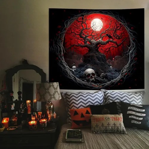 Miniatura 8 de Atrippy Tapiz de anime negro y rojo de Halloween, para colgar en la pared, diseño gótico de luna de bosque oscuro, calavera, árbol marchito