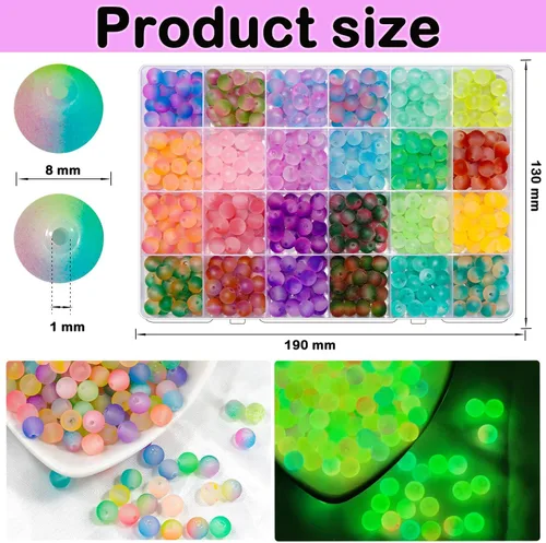 Miniatura 2 de Cuentas de vidrio que brillan en la oscuridad para hacer joyas, 600 cuentas de 0.315 pulgadas con 24 rejillas de piedras preciosas de cristal, 24