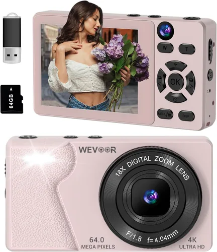 Cámara digital 4K para fotografía: cámara de enfoque automático de 64 MP con doble lente, zoom digital 18X, cámara de punto y disparo pequeño con