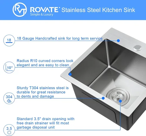 Miniatura 3 de ROVATE Fregadero de barra empotrable de 13 x 15 x 8 pulgadas, Fregadero de cocina pequeño de montaje superior de un solo compartimento, Fregaderos