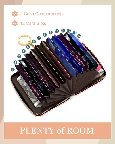 Miniatura 3 de Rouidr Tarjetero de crédito para mujer, pequeña cartera organizadora de tarjetas RFID delgada con cremallera y llavero, Elegante diseño floral.