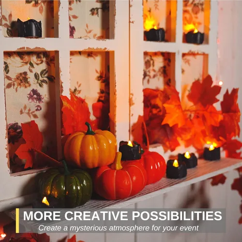 Miniatura 2 de Homemory Paquete de 24 velas de té sin llama de Halloween, color negro, funciona con pilas, velas LED parpadeantes, seguras para calabazas, negro