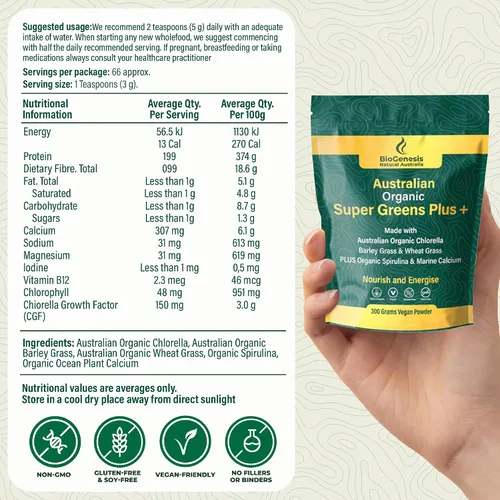 Miniatura 4 de Biogenesis SuperGreens Plus Polvo – 10.58 oz Sin sabor Clorella orgánica, pasto de trigo, hierba de cebada y espirulina Cultivado en Australia