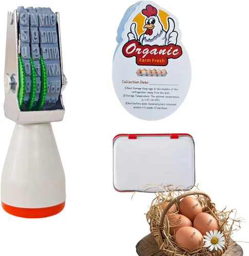 Kit de Sellador de Fecha de Huevo Aunewrick, 1 Sello de Fecha (Mes y Día), 1 Tinta Roja Resistente al Desvanecimiento, 50 Instrucciones para Huevos
