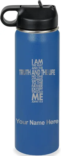 Miniatura 28 de LaserGram Botella de agua de doble pared abatible de 12 onzas con pajilla, versículo bíblico John 14-6, grabado personalizado incluido