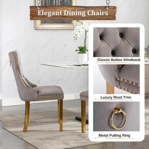 Miniatura 7 de Juego de mesa de comedor de mármol sintético de 5 piezas para 4 mesas de cocina de lujo de oro blanco con 4 sillas tapizadas de terciopelo gris