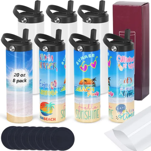 Paquete de 8 Vasos de Sublimación a Granel de 20 onzas, Delgados, Rectos, Botellas Deportivas de Agua de Sublimación, Tazas de Acero Inoxidable de