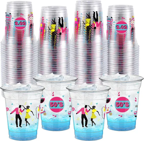 FoldTier 50 Piezas Vasos de los Años 50 de 12 oz Plástico Vasos Regreso a los Años 50 Vasos Transparentes Desechables de los Años 50 Vasos Temáticos