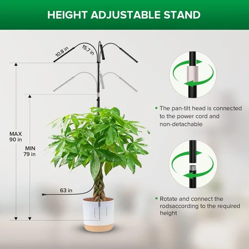 Miniatura 3 de SANSI Luz de cultivo para plantas de interior, luces LED de 3 cabezales para cultivo en interiores, espectro completo de 79 a 90 pulgadas de altura