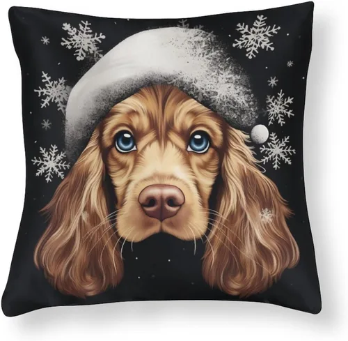 Miniatura 11 de Divertidas fundas de almohada de satén de Navidad con diseño de perro y cocker spaniel con gorro de Papá Noel, copos de nieve, decoración
