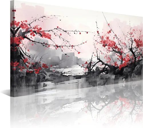 Miniatura 14 de Arte de Pared de Acuarela de Estilo Asiático Tradicional Chino Pájaro en Rama de Flor de Cerezo Roja Decoración Paisaje Floral Oriental Pintura