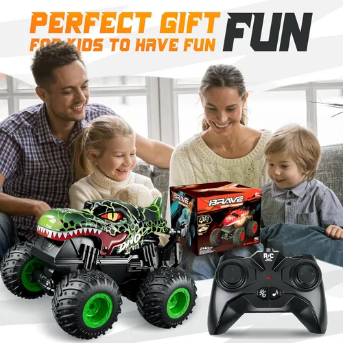 Miniatura 7 de BEZGAR Monster Truck Toys - Camión monstruo de control remoto con luz y música, juguetes de dinosaurios para niños, camión RC a escala 1:20 con Verde