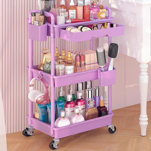 Miniatura 11 de Goovilla Carrito Organizador de Maquillaje Rodante con Cajón Extraíble, Carrito de Almacenamiento de Cuidado de la Piel de 3 Niveles Estable Negro
