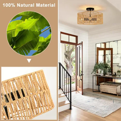 Miniatura 7 de Lámparas Bohemias de Techo con Montaje, Lámpara de Techo de Ratán Estilo Granja de 4 Luces, Lámpara de Techo Semi Empotrada con Pantalla Tejida a