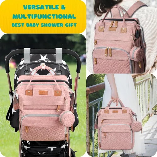 Miniatura 6 de Bolsa de pañales, artículos esenciales para bebés, mochila multifuncional de gran capacidad, el mejor regalo para recién nacidos con estación de Rosa