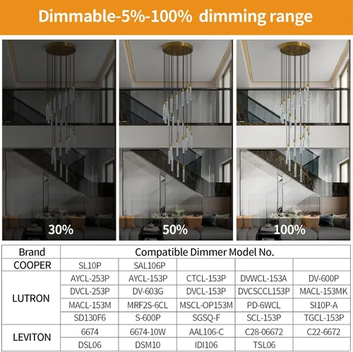 Miniatura 5 de Candelabro moderno de 24 luces para sala de estar, acabado de latón dorado, luces colgantes de techo LED regulables, 144 W, 6000 K, escaleras
