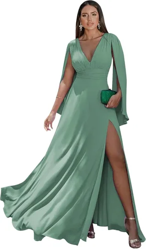 Miniatura 27 de Women's Long Sleeve Bridesmaid Dresses V-Neck Chiffon Ruched Formal Dress Evening Gown with Slit