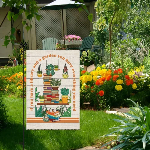Miniatura 5 de Hafhue Bandera de jardín de bienvenida con texto en inglés "If You Have A Library And A Garden", de doble cara de 12 x 18 pulgadas, para decoración