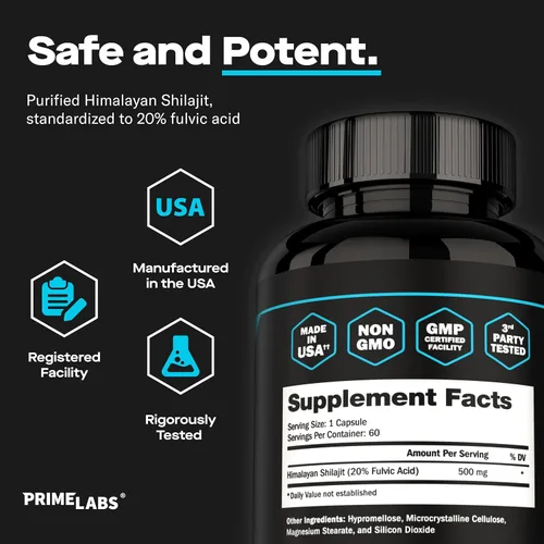 Miniatura 4 de Prime Labs Shilajit Cápsulas para hombres – 500 mg de Shilajit del Himalaya (20% ácido fúlvico) – Energía, vitalidad, soporte de testosterona