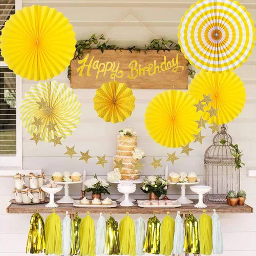 Miniatura 4 de Decoraciones de cumpleaños amarillas para mujer, 33 piezas, decoración de fiesta amarilla para niña con pancarta y abanicos de papel colgantes