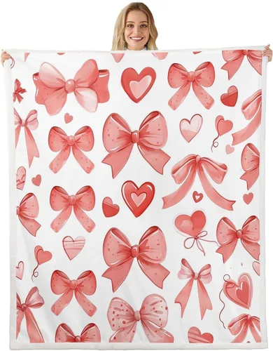 Miniatura 20 de Manta de franela de forro polar con lazos rosados femeninos de 40 x 50 pulgadas, manta mullida de corazones para el día de San Valentín para sofá