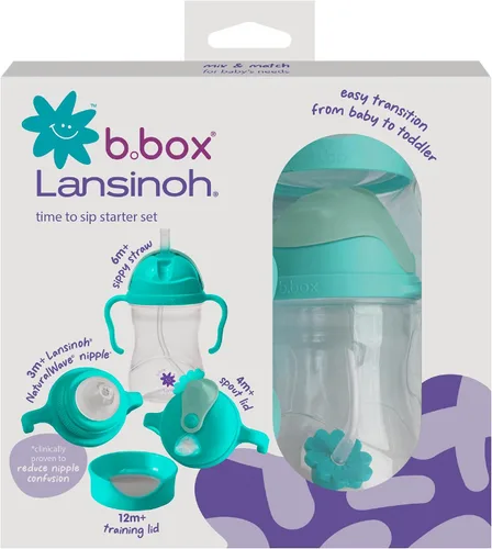 Miniatura 2 de b.box + Lansinoh Time to Sip - Juego de tazas de inicio (3 meses a niño pequeño), 1 taza con 4 tapas, pezón, boquilla, popote con peso, mar tropical