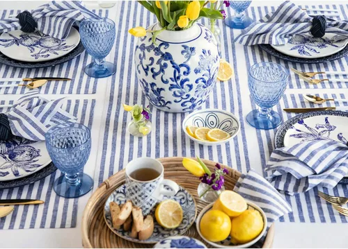 Miniatura 3 de Solino Home Camino de mesa de lino de 36 pulgadas – Amalfi Stripe 100% lino puro, camino de mesa azul marino y blanco, 14 x 36 pulgadas, ideal