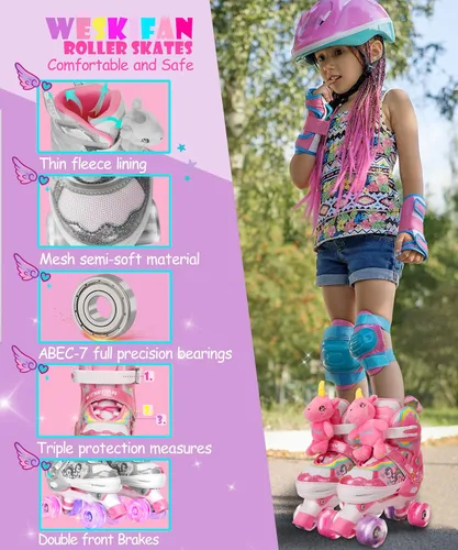 Miniatura 3 de Dino - Patines de ruedas para niños y niñas, WESKIFAN Dinosaur Quad Skating Shoes con ruedas brillantes y tamaños ajustables para principiantes