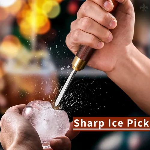 Miniatura 5 de Juego de 2 palillos de hielo de tres puntas, palillo de hielo de acero inoxidable con mango de madera antideslizante, herramienta de camarero
