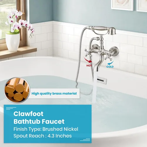 Miniatura 2 de gotonovo Grifo de bañera Clawfoot de montaje en pared con rociador de mano y boquilla giratoria de doble mango cruzado de 360°, juego de grifos