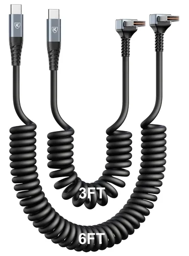 Miniatura 13 de Cable USB A a USB C de 90 grados, paquete de 2 cables USB tipo C en espiral de 3 pies para automóvil, cable de carga rápida USB-C compatible