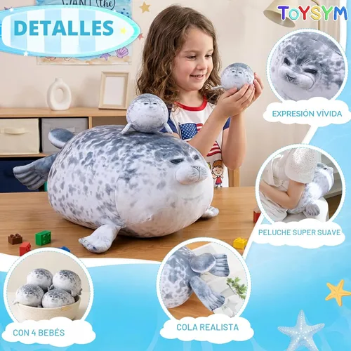 Miniatura 3 de TOYSYM - Almohada de foca gordita de peluche linda con 4 peluches bebés en su barriga, juguete de animales de algodón suave para regalos para niños