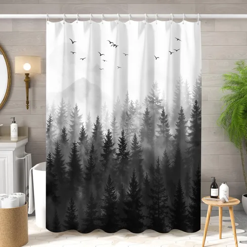 Miniatura 2 de Cortina de ducha de bosque natural, diseño de pino, paisaje de árbol de pino negro, cortina de bañera decoración de baño, tela de poliéster