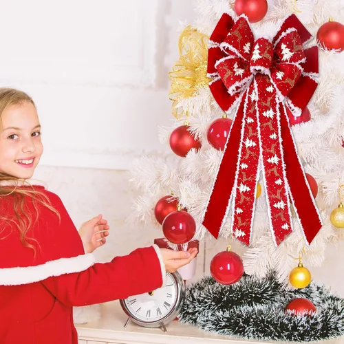 Miniatura 2 de Riceshoot 6 lazos grandes de Navidad para exteriores, 26 x 12 pulgadas, adorno para árbol de Navidad, lazo de terciopelo rojo con purpurina