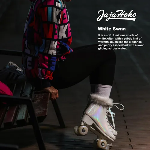 Miniatura 2 de JajaHoho Patines de ruedas para mujer, piel sintética blanca holográfica de alta calidad, patines de doble fila con cuatro ruedas brillantes