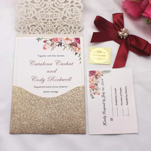 Miniatura 4 de AdasBridal 25 invitaciones de corte láser con purpurina dorada con tarjetas y sobres, diseño de diamante y cinta de lujo con inserto de papel perla