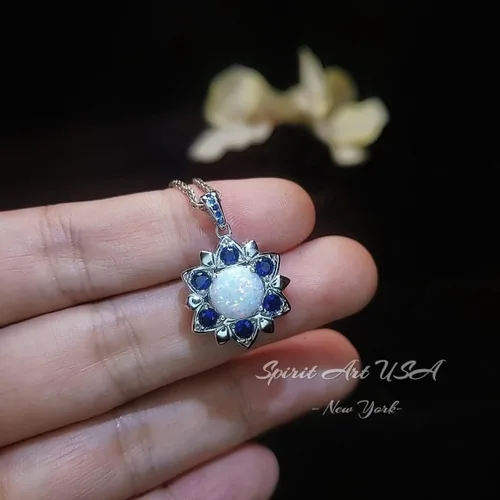 Miniatura 6 de Collar de ópalo – Colgante de flor de estrella de zafiro azul – 18 KGP @ Plata de ley – Piedra natal de octubre de septiembre – Joyería de ópalo