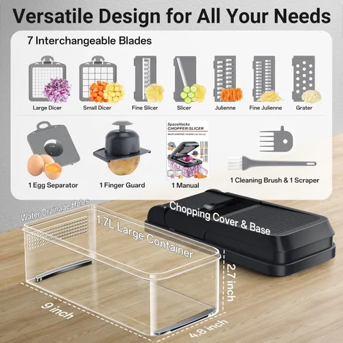 Miniatura 2 de SpaceHacks Picador de verduras 12 en 1, utensilios de cocina con 7 cuchillas, verduras, alimentos, picador de cebolla, rebanador de pepino, Gris