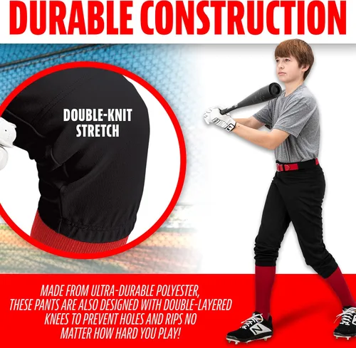 Miniatura 4 de Franklin Sports Pantalones de béisbol y sóftbol juveniles, hasta la rodilla + pantalones de béisbol de ajuste relajado para niños, color blanco