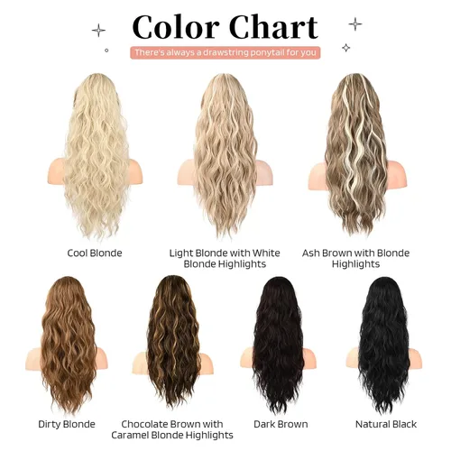 Miniatura 7 de FLUFYMOOZ Extensión de cola de caballo, extensiones de cabello sintético ondulado largo y rizado para mujer (22 pulgadas, marrón con reflejos rubios)