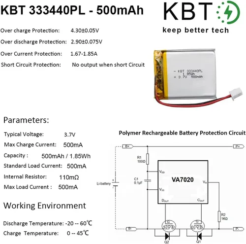 Miniatura 6 de Batería de polímero de litio KBT 3.7V 500mAh: 333440 Reemplazo de baterías de iones de litio recargables con conector JST 2.54 para grabadora