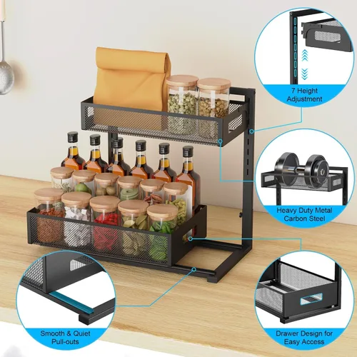 Miniatura 4 de Petiza Organizador para debajo del fregadero, organizador de gabinete extraíble, altura ajustable, 2 niveles con cajones deslizantes, organizador
