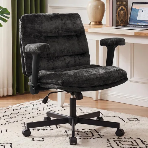 Miniatura 17 de Furniliving Criss Cross Office Chair with Adjustable Flip-up Arms, Premium Chenille Upholstered Cross Legged Chair, Ergonomic Swivel Desk Vanity